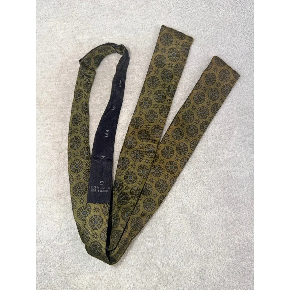 Vintage Olive Green Navy Blue Medallion 100% Silk Self Tie Bow Tie Adjustable